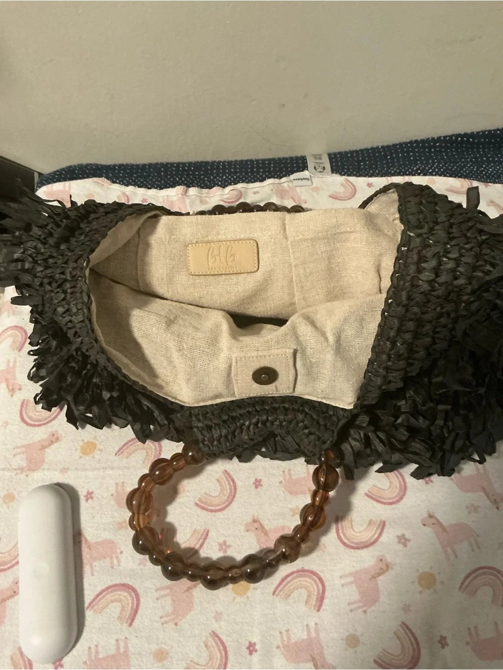 Black Fringed Straw Tote with Beaded Handles
